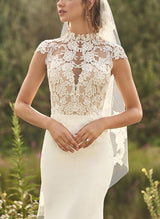 High Neck Lace Elastic Satin Mermaid Fitted Wedding Dresses-Dbrbridal