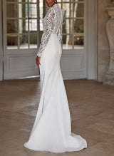 High Neck Lace Wedding Dress Asymmetrical Long Sleeves-Dbrbridal