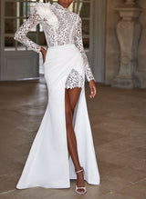 High Neck Lace Wedding Dress Asymmetrical Long Sleeves-Dbrbridal