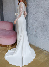 High Neck Lace Wedding Dress Long Sleeves Bow-Dbrbridal