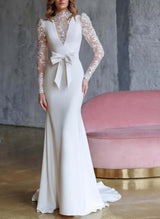 High Neck Lace Wedding Dress Long Sleeves Bow-Dbrbridal