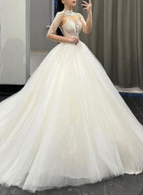 High Neck Long Sleeves Tulle Wedding Dresses Appliques Lace Ball-Gown-Dbrbridal