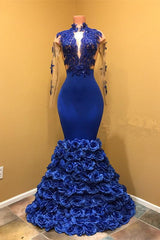 High-Neck Mermaid Prom Dress, Flowers Formal Dresses-Dbrbridal