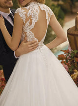 High Neck Sleeveless Lace Tulle Chic A-line Wedding Dress Back Hole-Dbrbridal