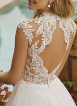 High Neck Sleeveless Lace Tulle Chic A-line Wedding Dress Back Hole-Dbrbridal