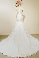 High Qulity Lace Mermaid Wedding Dress Illusion Chaple Train Ivory Beading Bridal Gown-Dbrbridal