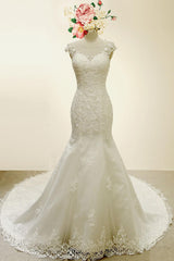High Qulity Lace Mermaid Wedding Dress Illusion Chaple Train Ivory Beading Bridal Gown-Dbrbridal