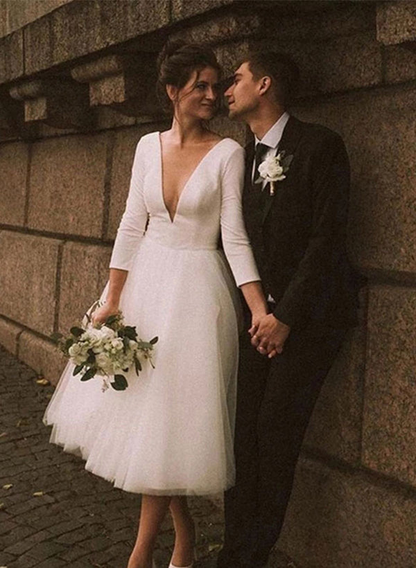 Deep V-Neck 3/4 Sleeves A-Line Wedding Gowns Open Back With Zipper