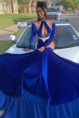 Hurry! Royal Blue High Neck Long Sleeves Mermaid Prom Dresses With Beadings-Dbrbridal