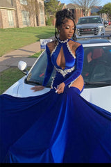 Hurry! Royal Blue High Neck Long Sleeves Mermaid Prom Dresses With Beadings-Dbrbridal