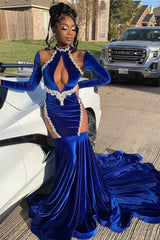 Hurry! Royal Blue High Neck Long Sleeves Mermaid Prom Dresses With Beadings-Dbrbridal