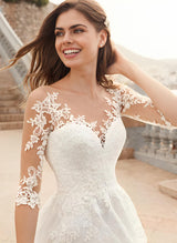 Illusion Neck Ball-Gown Wedding Dress 3 4 Sleeves Sweep Train Tulle Fabric Appliques Lace-Dbrbridal