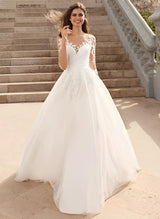Illusion Neck Ball-Gown Wedding Dress 3 4 Sleeves Sweep Train Tulle Fabric Appliques Lace-Dbrbridal