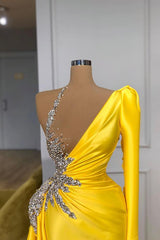 Illusion neck Bright Yellow Bubble Sleeves Prom Dress One shoulder-Dbrbridal