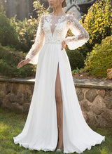 Illusion Neck Chic A-line Lace Tulle Wedding Dresses Split Front Long Sleeves-Dbrbridal