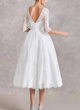 Illusion Neck Chic A-line Lace Wedding Dress Half Sleeves Tea-Length-Dbrbridal