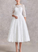 Illusion Neck Chic A-line Lace Wedding Dress Half Sleeves Tea-Length-Dbrbridal