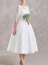 Illusion Neck Chic A-line Lace Wedding Dress Half Sleeves Tea-Length-Dbrbridal