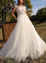 Illusion Neck Chic A-line Sleeveless Sweep Train Tulle Wedding Dresses Lace-Dbrbridal