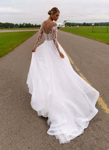 Illusion Neck Chic A-line Wedding Dress Beaded Appliques Lace Sweep Train-Dbrbridal