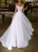 Illusion Neck Chic A-line Wedding Dress Beaded Appliques Lace Sweep Train-Dbrbridal