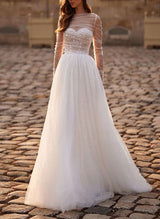 Illusion Neck Chic A-line Wedding Dress Long Sleeves Sweep Train in Tulle Sequined-Dbrbridal