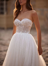 Illusion Neck Chic A-line Wedding Dress Long Sleeves Sweep Train in Tulle Sequined-Dbrbridal