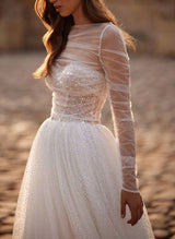 Illusion Neck Chic A-line Wedding Dress Long Sleeves Sweep Train in Tulle Sequined-Dbrbridal