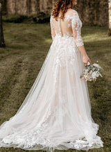 Illusion Neck Chic A-line Wedding Dresses 3 4 Sleeves Court Train in Lace Tulle-Dbrbridal