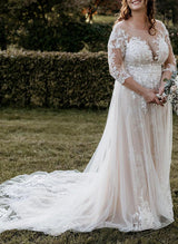 Illusion Neck Chic A-line Wedding Dresses 3 4 Sleeves Court Train in Lace Tulle-Dbrbridal