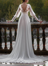 Illusion Neck Chic A-line Wedding Dresses Long Sleeves Split Front-Dbrbridal