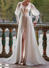 Illusion Neck Chic A-line Wedding Dresses Long Sleeves Split Front-Dbrbridal