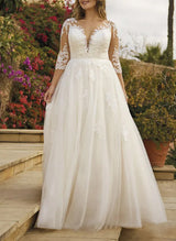 Illusion Neck Chic A-line Wedding Dresses Sequins Lace Tulle 3 4 Sleeves-Dbrbridal
