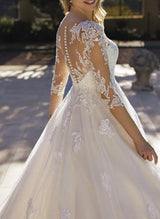 Illusion Neck Chic A-line Wedding Dresses Sequins Lace Tulle 3 4 Sleeves-Dbrbridal
