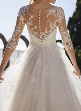 Illusion Neck Chic A-line Wedding Dresses Sequins Lace Tulle 3 4 Sleeves-Dbrbridal