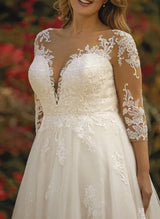 Illusion Neck Chic A-line Wedding Dresses Sequins Lace Tulle 3 4 Sleeves-Dbrbridal