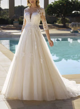 Illusion Neck Chic A-line Wedding Dresses Sequins Lace Tulle 3 4 Sleeves-Dbrbridal