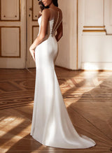 Illusion Neck Elastic Satin Wedding Dresses Beaded Mermaid Fitted-Dbrbridal