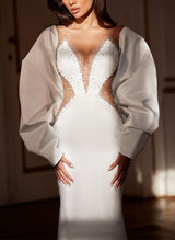 Illusion Neck Elastic Satin Wedding Dresses Beaded Mermaid Fitted-Dbrbridal