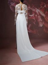 Illusion Neck Lace Elastic Satin Wedding Dress-Dbrbridal