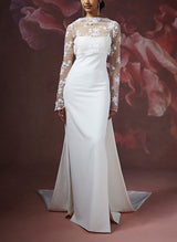 Illusion Neck Lace Elastic Satin Wedding Dress-Dbrbridal