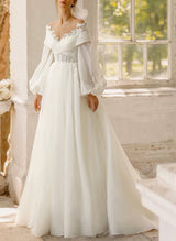 Illusion Neck Lace Long Sleeves Wedding Dresses-Dbrbridal