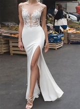 Illusion Neck Lace Trumpet Mermaid Fitted Wedding Dress Split Front-Dbrbridal