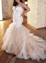 Illusion Neck Lace Tulle Wedding Dresses Mermaid Fitted-Dbrbridal