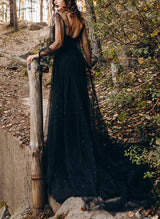 Illusion Neck Long Sleeve Chic A-line Wedding Dress Sweep Train-Dbrbridal