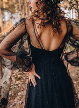 Illusion Neck Long Sleeve Chic A-line Wedding Dress Sweep Train-Dbrbridal