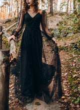 Illusion Neck Long Sleeve Chic A-line Wedding Dress Sweep Train-Dbrbridal