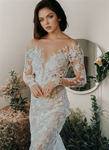 Illusion Neck Long Sleeves Lace Chapel Train Wedding Dresses Appliques Lace-Dbrbridal