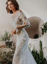 Illusion Neck Long Sleeves Lace Chapel Train Wedding Dresses Appliques Lace-Dbrbridal