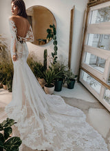 Illusion Neck Long Sleeves Lace Chapel Train Wedding Dresses Appliques Lace-Dbrbridal